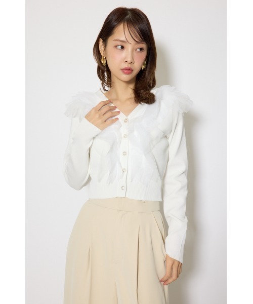 rienda（リエンダ）の「フリルチュールニットカーディガン　春服（カーディガン/ボレロ・レディース・ピンク/ホワイト/グレー・FREE）」の4枚目の写真