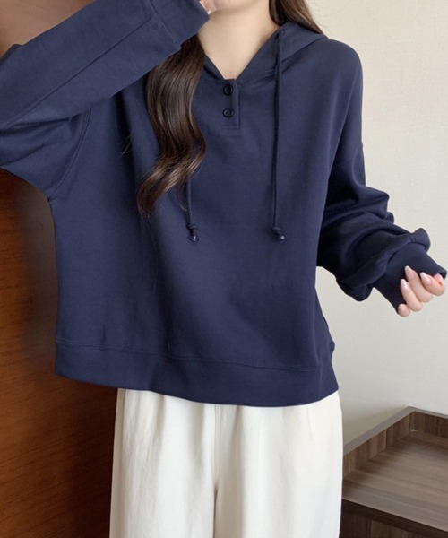 SallyLunn(サリーラン)の「【ゆるっと着こなす】ヘンリーネックフードスウェット(スウェット・レディース・ネイビー/グレー・LARGE/MEDIUM)」の6枚目の写真
