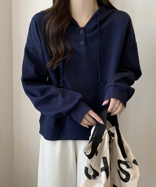 SallyLunn(サリーラン)の「【ゆるっと着こなす】ヘンリーネックフードスウェット(スウェット・レディース・ネイビー/グレー・LARGE/MEDIUM)」の8枚目の写真