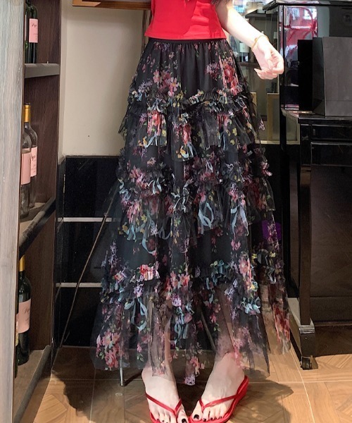 Aelina(エリナ)の「プリントチュールロングスカート(スカート・レディース・ブラック/ベージュ・M/L)」の16枚目の写真