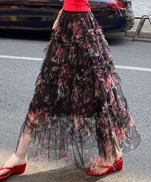 Aelina(エリナ)の「プリントチュールロングスカート(スカート・レディース・ブラック/ベージュ・M/L)」の15枚目の写真