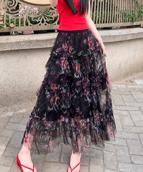 Aelina(エリナ)の「プリントチュールロングスカート(スカート・レディース・ブラック/ベージュ・M/L)」の14枚目の写真