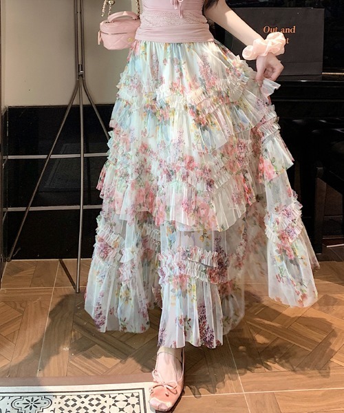 Aelina(エリナ)の「プリントチュールロングスカート(スカート・レディース・ブラック/ベージュ・M/L)」の19枚目の写真