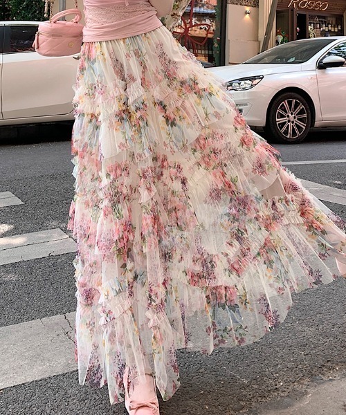Aelina(エリナ)の「プリントチュールロングスカート(スカート・レディース・ブラック/ベージュ・M/L)」の18枚目の写真