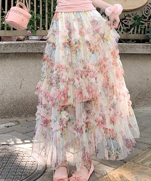 Aelina(エリナ)の「プリントチュールロングスカート(スカート・レディース・ブラック/ベージュ・M/L)」の17枚目の写真