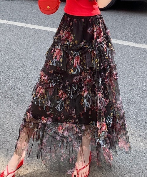 Aelina(エリナ)の「プリントチュールロングスカート(スカート・レディース・ブラック/ベージュ・M/L)」の13枚目の写真