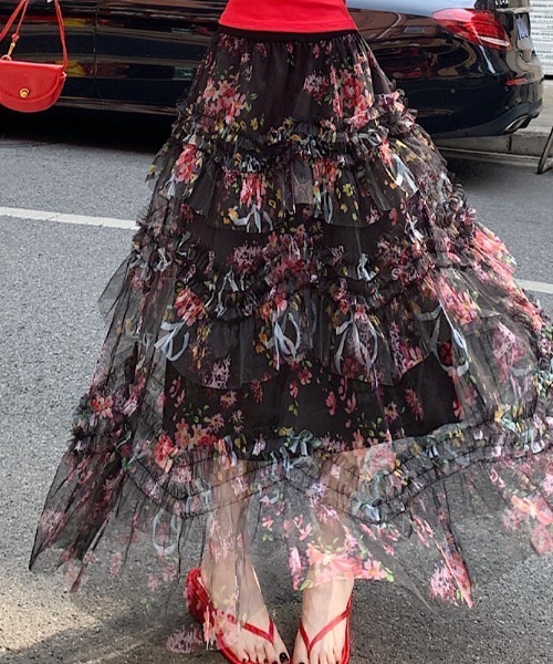 Aelina(エリナ)の「プリントチュールロングスカート(スカート・レディース・ブラック/ベージュ・M/L)」の12枚目の写真