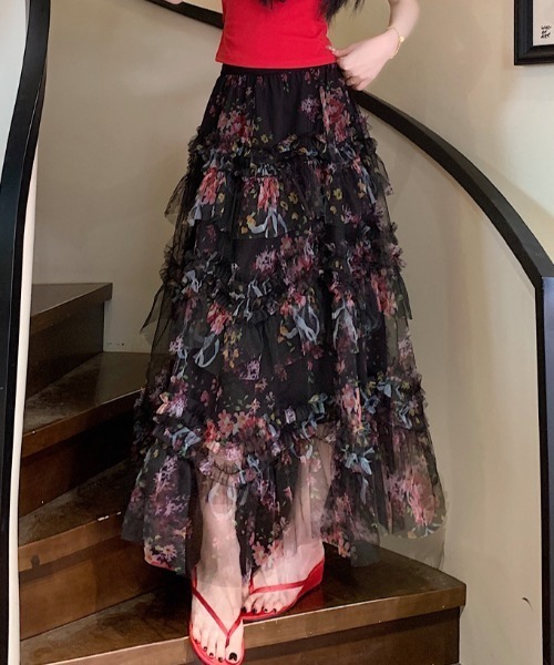 Aelina(エリナ)の「プリントチュールロングスカート(スカート・レディース・ブラック/ベージュ・M/L)」の9枚目の写真