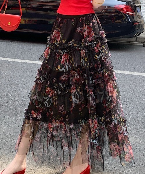 Aelina(エリナ)の「プリントチュールロングスカート(スカート・レディース・ブラック/ベージュ・M/L)」の6枚目の写真