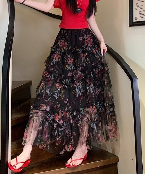 Aelina(エリナ)の「プリントチュールロングスカート(スカート・レディース・ブラック/ベージュ・M/L)」の5枚目の写真