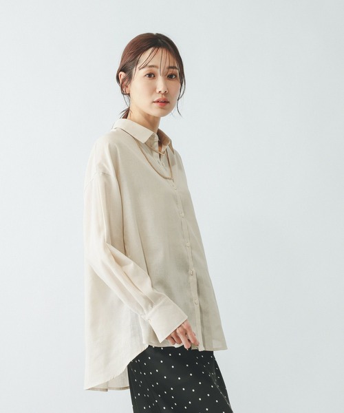 GLOBAL WORK（グローバルワーク）の「イージーケアリネンシャツ長袖/601200（シャツ/ブラウス・レディース・グリーン系その他/イエロー/フューシャピンク/グレイッシュベージュ/ライトブルー/グレー/ホワイト/グレー系その他7・SMALL/LARGE/MEDIUM）」の4枚目の写真