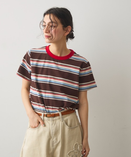 Crisp(クリスプ)の「マルチボーダーショートスリーブTシャツ(Tシャツ/カットソー・レディース・ブラウン/アイボリー・FREE)」の5枚目の写真