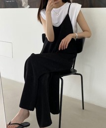 シンプル万能 とろみ素材 ワイドシルエット サロペットパンツ 細ストラップ オールインワン