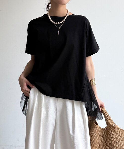 DouDou(ドゥドゥ)の「【WEB限定】チュールプリーツTEE(Tシャツ/カットソー・レディース・ブラック/オフホワイト・FREE)」の12枚目の写真