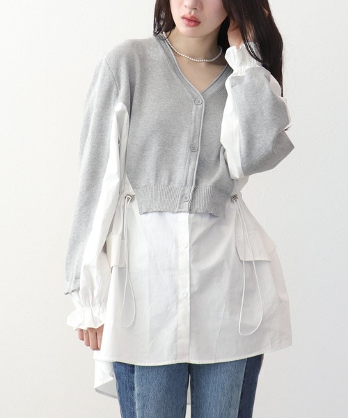 Three Four Time（ｽﾘｰﾌｫｰﾀｲﾑ）の「シャツMIXデザインニットカーディガン（シャツ/ブラウス・レディース・グレー系その他・FREE）」の2枚目の写真