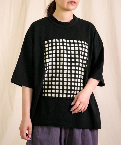 prit（プリット）の「[prit] 空紡天竺×プリント 5分袖フレームTシャツ (ドット＆チェック)（Tシャツ/カットソー・レディース・ブラック系その他2/ブラック系その他・FREE）」の2枚目の写真