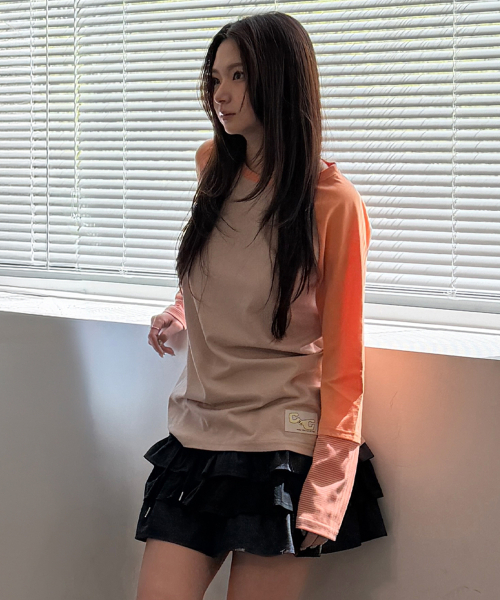 chancechance(チャンスチャンス)の「CEC LAYERED STRIPED SLEEVE LABEL L/S(PINK ORANGE)(Tシャツ/カットソー・レディース・その他・FREE)」の1枚目の写真