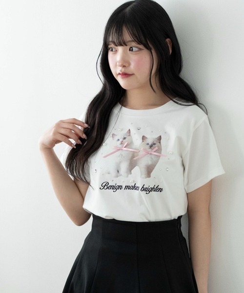 WEGO(ウィゴー)の「WEGO/【26春夏新作】装飾付きネコリボンT(Tシャツ/カットソー・レディース・ブラック/ホワイト・FREE)」の2枚目の写真