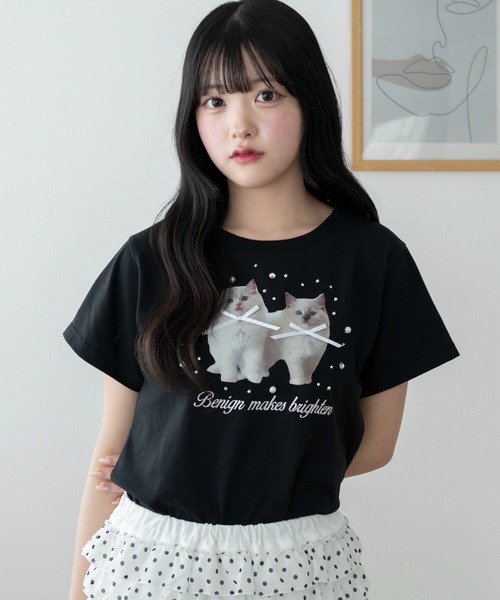 WEGO(ウィゴー)の「WEGO/【26春夏新作】装飾付きネコリボンT(Tシャツ/カットソー・レディース・ブラック/ホワイト・FREE)」の1枚目の写真