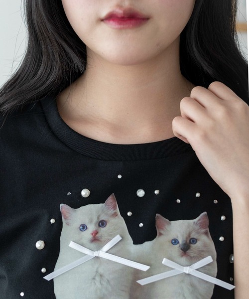 WEGO(ウィゴー)の「WEGO/【26春夏新作】装飾付きネコリボンT(Tシャツ/カットソー・レディース・ブラック/ホワイト・FREE)」の5枚目の写真