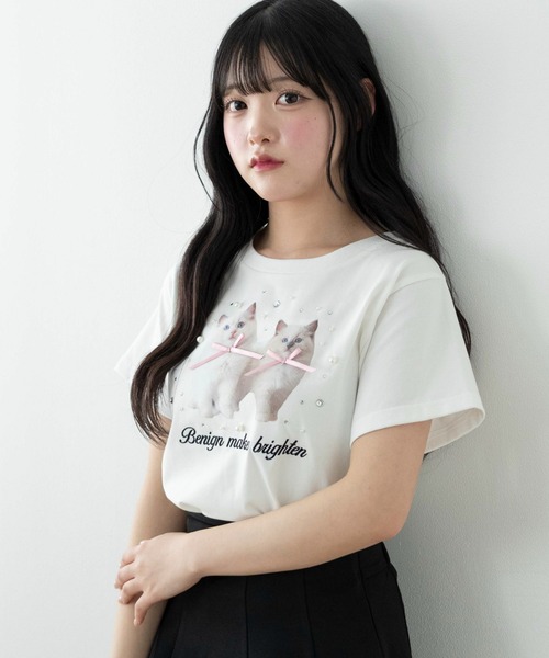 WEGO(ウィゴー)の「WEGO/【26春夏新作】装飾付きネコリボンT(Tシャツ/カットソー・レディース・ブラック/ホワイト・FREE)」の8枚目の写真