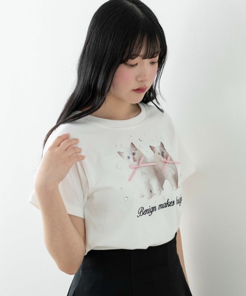 WEGO(ウィゴー)の「WEGO/【26春夏新作】装飾付きネコリボンT(Tシャツ/カットソー・レディース・ブラック/ホワイト・FREE)」の9枚目の写真