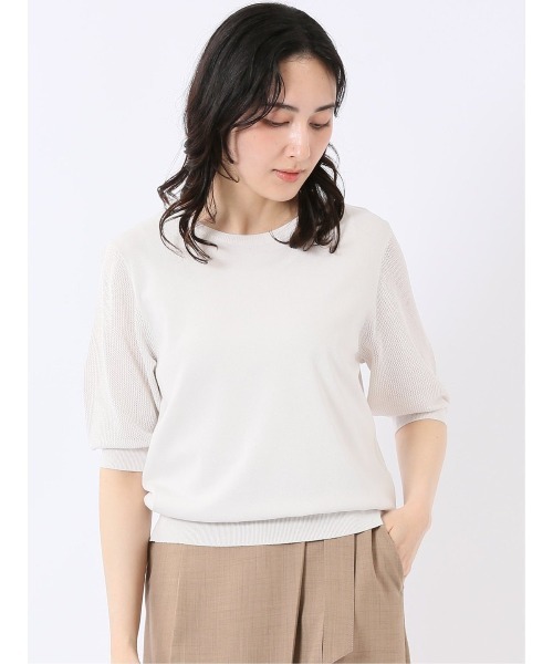 m.f.editorial(エムエフエディトリアル)の「【ストレッチ 接触冷感 UV ウォッシャブル】タカキュー レディース 快適機能 メッシュ切替 半袖 ニット プルオーバー(ニット/セーター・レディース・アイボリー・L)」の1枚目の写真