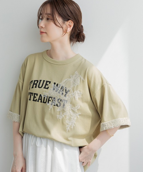 studio CLIP(スタディオクリップ)の「レースロゴロールアップTシャツ(Tシャツ/カットソー・レディース・グレー/カーキ/アイボリー・FREE)」の3枚目の写真