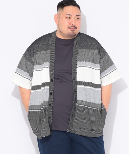 B&T CLUB(ビーティークラブ)の「カーディガン 半袖 メンズ 大きいサイズ ポップコーンボーダー Vネック カーデ B&T CLUB (ビーアンドティークラブ)(カーディガン/ボレロ・メンズ・ブラック/ホワイト・X3(6L~7L)/X2(4L~5L)/X1(3L~4L)/X4(8L~9L))」の2枚目の写真