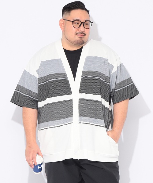 B&T CLUB(ビーティークラブ)の「カーディガン 半袖 メンズ 大きいサイズ ポップコーンボーダー Vネック カーデ B&T CLUB (ビーアンドティークラブ)(カーディガン/ボレロ・メンズ・ブラック/ホワイト・X3(6L~7L)/X2(4L~5L)/X1(3L~4L)/X4(8L~9L))」の3枚目の写真