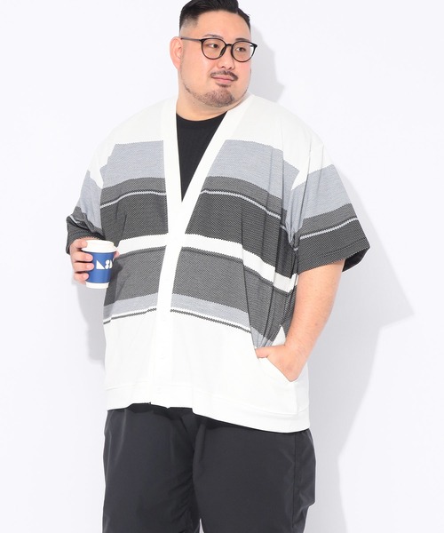 B&T CLUB(ビーティークラブ)の「カーディガン 半袖 メンズ 大きいサイズ ポップコーンボーダー Vネック カーデ B&T CLUB (ビーアンドティークラブ)(カーディガン/ボレロ・メンズ・ブラック/ホワイト・X3(6L~7L)/X2(4L~5L)/X1(3L~4L)/X4(8L~9L))」の8枚目の写真