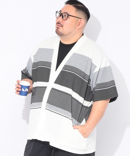 B&T CLUB(ビーティークラブ)の「カーディガン 半袖 メンズ 大きいサイズ ポップコーンボーダー Vネック カーデ B&T CLUB (ビーアンドティークラブ)(カーディガン/ボレロ・メンズ・ブラック/ホワイト・X3(6L~7L)/X2(4L~5L)/X1(3L~4L)/X4(8L~9L))」の9枚目の写真