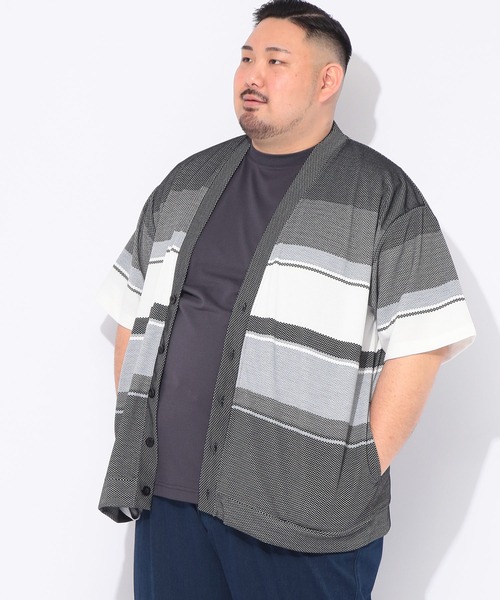 B&T CLUB(ビーティークラブ)の「カーディガン 半袖 メンズ 大きいサイズ ポップコーンボーダー Vネック カーデ B&T CLUB (ビーアンドティークラブ)(カーディガン/ボレロ・メンズ・ブラック/ホワイト・X3(6L~7L)/X2(4L~5L)/X1(3L~4L)/X4(8L~9L))」の11枚目の写真