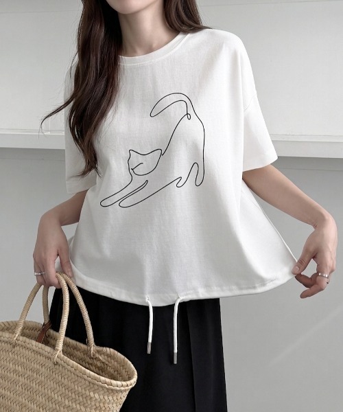 線画ネコプリント ドロストルーズTee/Tシャツ