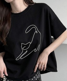 線画ネコプリント ドロストルーズTee/Tシャツ