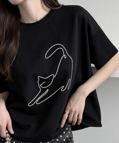線画ネコプリント ドロストルーズTee/Tシャツ
