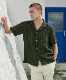 PRODESHIRT（プロデシャツ）の「[コンフォート] ヴィンテージリネンストライプキャンプシャツ（オリーブ）（シャツ/ブラウス）」