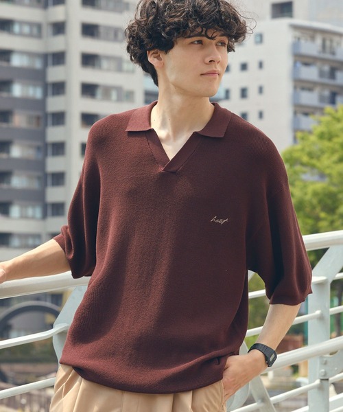 HECT(ヘクト)の「【HECT】High Gauge Skipper Logo Knit Polo / ハイゲージ畦編み ロゴ刺繍 スキッパー半袖ニットポロ<UVカット>(ポロシャツ・メンズ・オリーブ/ブラウン/ダークネイビー/チャコール/ブラック/ベージュ・S/L/M)」の3枚目の写真