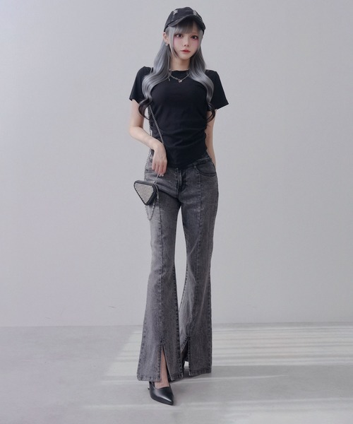 Diable baiser(ディアブルベーゼ)の「脇シャーリング半袖Tシャツ/カットソー(Tシャツ/カットソー・レディース・ブラック/オフホワイト・FREE)」の5枚目の写真