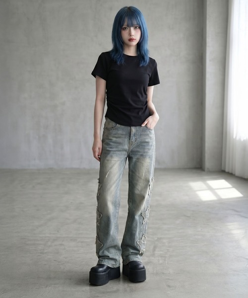 Diable baiser(ディアブルベーゼ)の「脇シャーリング半袖Tシャツ/カットソー(Tシャツ/カットソー・レディース・ブラック/オフホワイト・FREE)」の8枚目の写真