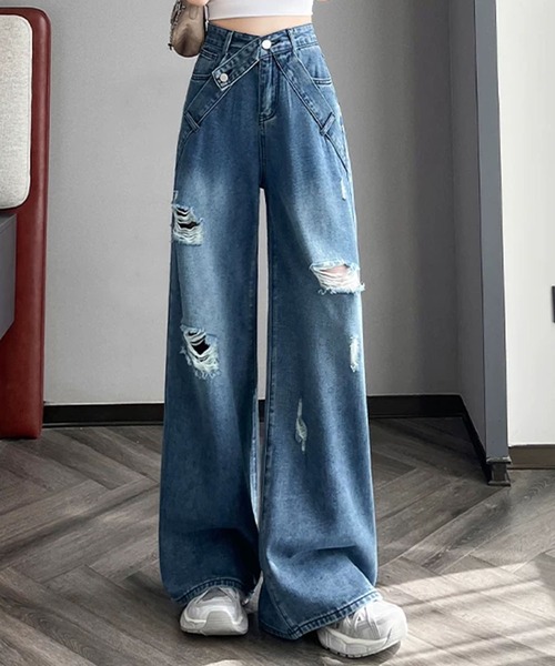 GLAMOROUS JANE(グラマラスジェーン)の「ウエストクロスデザインダメージデニムパンツ(デニムパンツ・レディース・ブルー・S/M/L)」の1枚目の写真