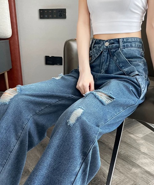 GLAMOROUS JANE(グラマラスジェーン)の「ウエストクロスデザインダメージデニムパンツ(デニムパンツ・レディース・ブルー・S/M/L)」の10枚目の写真