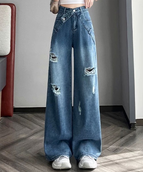 GLAMOROUS JANE(グラマラスジェーン)の「ウエストクロスデザインダメージデニムパンツ(デニムパンツ・レディース・ブルー・S/M/L)」の5枚目の写真