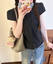 フロントボタンパフスリーブブラウス