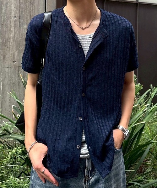 Chikashitsu +（チカシツプラス）の「【Chikashitsu +】no collar half sleeve cardigan (3color) / 【チカシツプラス】ノーカラー半袖サマーカーディガン＜着用動画あり＞（カーディガン/ボレロ・メンズ・ネイビー/ブラック/アイボリー・ONE SIZE）」の3枚目の写真