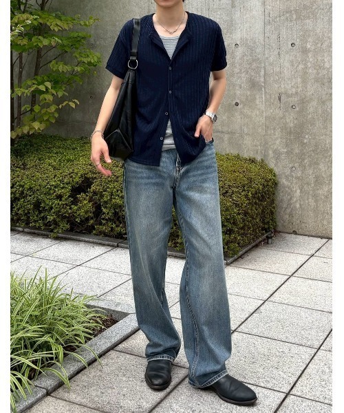 Chikashitsu +（チカシツプラス）の「【Chikashitsu +】no collar half sleeve cardigan (3color) / 【チカシツプラス】ノーカラー半袖サマーカーディガン＜着用動画あり＞（カーディガン/ボレロ・メンズ・ネイビー/ブラック/アイボリー・ONE SIZE）」の6枚目の写真