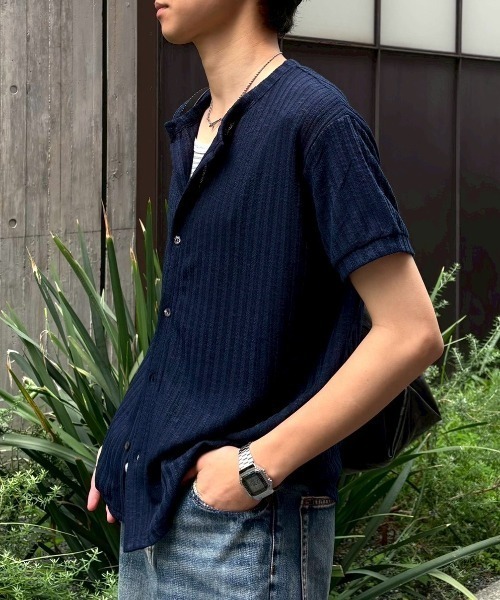 Chikashitsu +（チカシツプラス）の「【Chikashitsu +】no collar half sleeve cardigan (3color) / 【チカシツプラス】ノーカラー半袖サマーカーディガン＜着用動画あり＞（カーディガン/ボレロ・メンズ・ネイビー/ブラック/アイボリー・ONE SIZE）」の16枚目の写真