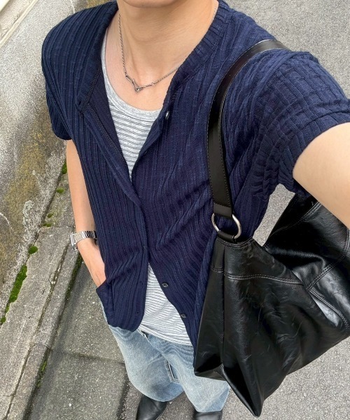 Chikashitsu +（チカシツプラス）の「【Chikashitsu +】no collar half sleeve cardigan (3color) / 【チカシツプラス】ノーカラー半袖サマーカーディガン＜着用動画あり＞（カーディガン/ボレロ・メンズ・ネイビー/ブラック/アイボリー・ONE SIZE）」の18枚目の写真