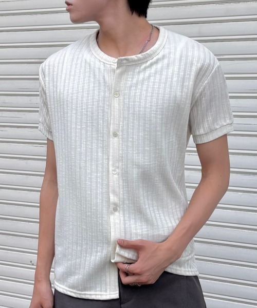 Chikashitsu +（チカシツプラス）の「【Chikashitsu +】no collar half sleeve cardigan (3color) / 【チカシツプラス】ノーカラー半袖サマーカーディガン＜着用動画あり＞（カーディガン/ボレロ・メンズ・ネイビー/ブラック/アイボリー・ONE SIZE）」の19枚目の写真