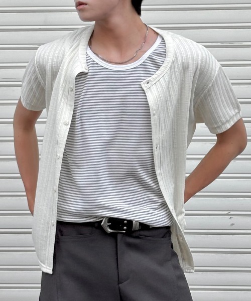 Chikashitsu +（チカシツプラス）の「【Chikashitsu +】no collar half sleeve cardigan (3color) / 【チカシツプラス】ノーカラー半袖サマーカーディガン＜着用動画あり＞（カーディガン/ボレロ・メンズ・ネイビー/ブラック/アイボリー・ONE SIZE）」の21枚目の写真
